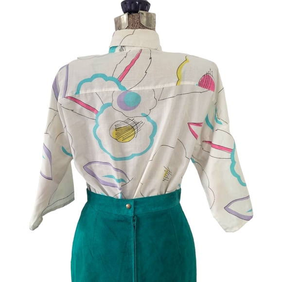 Vintage 80s white button down shirt with pink and blue flowers large - Picture 6 of 12